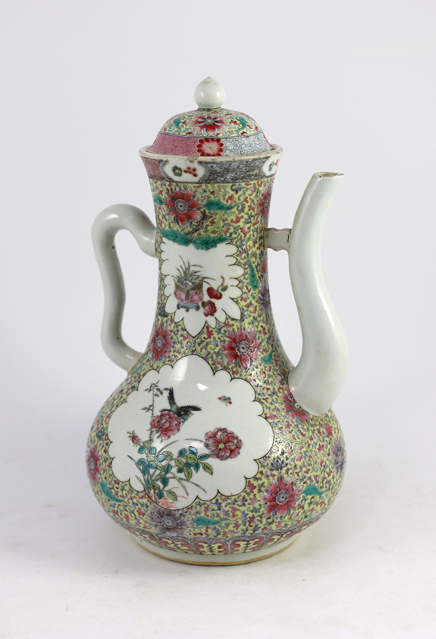 A large and rare Chinese famille rose fencai wine pot and cover, Qianlong mark but 19th century, 35.5cm high